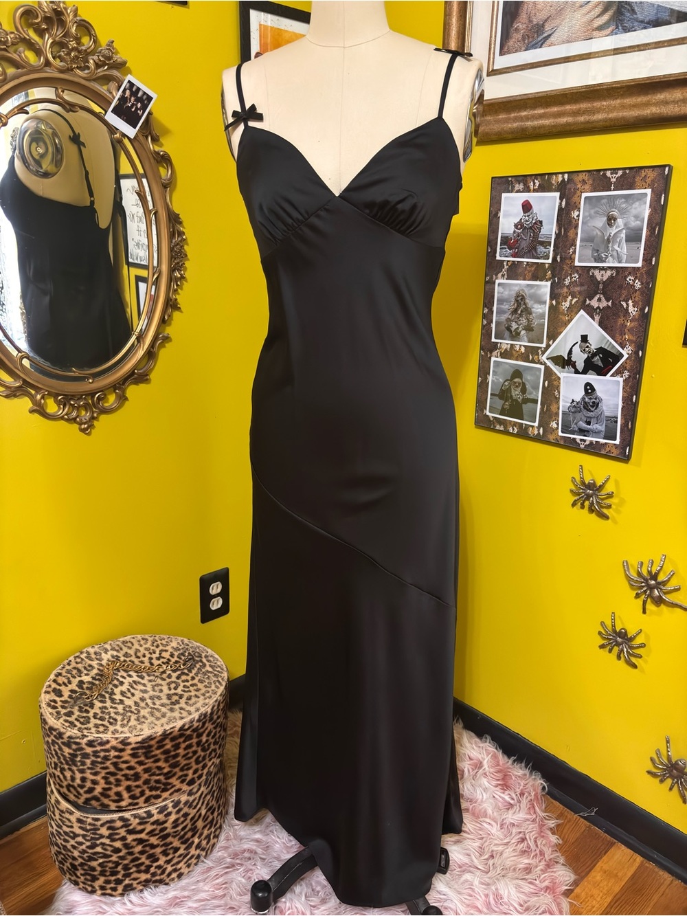 Crystal Doll Black Satin Bow Maxi Slip Dress NWT Small